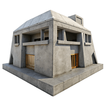 beautiful modern Brutalist concrete bunker, exposed concrete textures, minimal windows, harsh midday sun, gritty and raw style original png