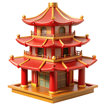 wonderful classic Traditional Chinese pagoda, tiered roof, red and gold details, intricate carvings, oriental style 4K png