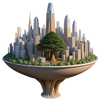 impressive rustic A futuristic cityscape built into a giant sequoia tree, dappled sunlight, hyperrealistic, matte painting style detailed png