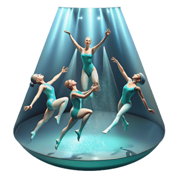 beautiful classic A group of synchronized swimmers performing an underwater ballet, dramatic spotlighting, graceful, performance art photography style, genuine png