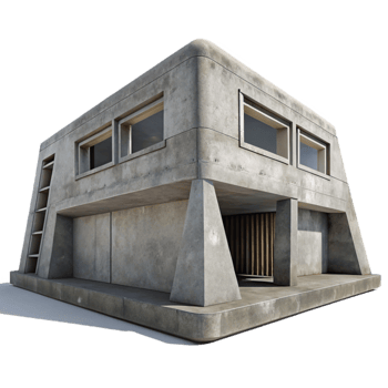 serene vintage Brutalist concrete bunker, exposed concrete textures, minimal windows, harsh midday sun, gritty and raw style professional png
