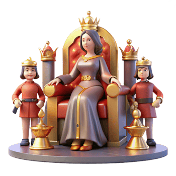 elegant traditional A medieval queen sits on her throne, surrounded by courtiers, rich, opulent lighting, historical painting style genuine png