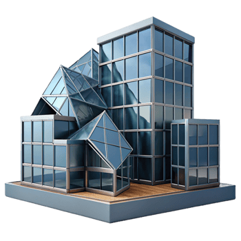serene minimalist Deconstructivist office building, fragmented shapes, angular planes, steel and glass construction, cityscape background authentic png