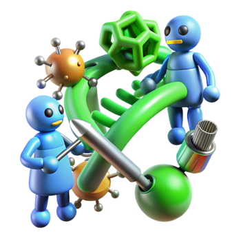 beautiful abstract A group of nanobots repairing a damaged DNA strand, microscopic view, vibrant green and blue hues, scientific illustration style professional png