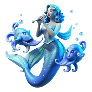 beautiful creative A serene siren, with scales of pearlescent blue, singing an enchanting melody, surrounded by swirling schools of bioluminescent fish. Art Nouveau style high resolution png
