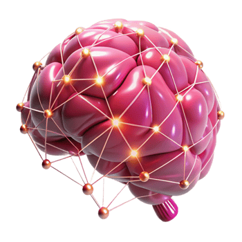 serene artistic A human brain connected to a network of glowing wires, illuminated by pulsating pink light, in a cyberpunk style authentic png