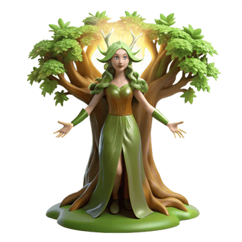 serene contemporary An ethereal dryad emerges from an ancient oak tree, dappled sunlight filtering through the leaves. Art Nouveau style authentic png