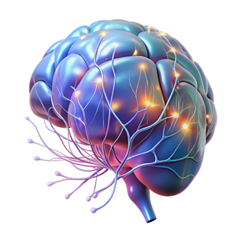 vibrant classic A holographic projection of a human brain, neural pathways firing as electrical impulses, in a dark, abstract void detailed png
