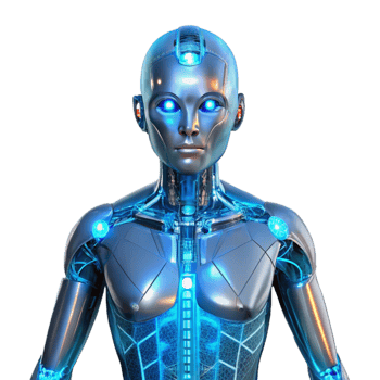 beautiful artistic A transparent humanoid android with glowing circuitry, intricate internal mechanisms visible, ethereal blue backlighting, futuristic style 4K png