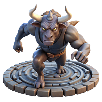 dramatic modern A ferocious minotaur charging through a labyrinth, dramatic lighting, dynamic pose, fantasy art premium png