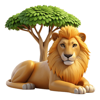 impressive abstract A regal lion resting in the shade of an acacia tree, depicted in a realistic style with warm, golden light and intricate fur detail authentic png