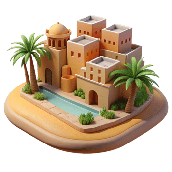 elegant rustic Desert oasis city, adobe buildings, palm trees, midday sun, warm colors, realistic render high quality png