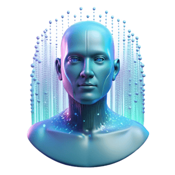 stunning abstract A holographic projection of a human face flickers in the air, surrounded by streams of binary code. Ambient lighting, digital art style high resolution png