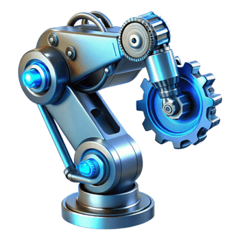 stunning vintage A complex steampunk robotic arm, extending forward, intricate gears and pistons turning, illuminated by a cool, blue light. Hyperrealistic style premium png