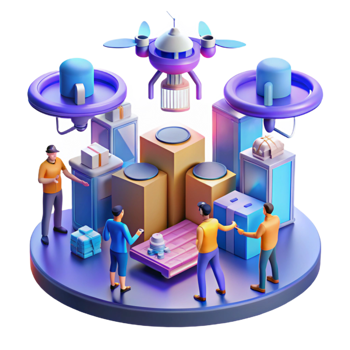 serene modern A bustling futuristic marketplace, filled with hovering drones delivering packages and citizens wearing augmented reality glasses. Cyberpunk style, vibrant lighting premium png