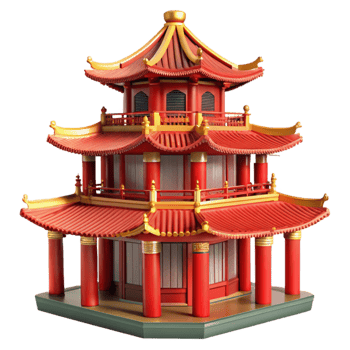 beautiful classic Traditional Chinese pagoda, tiered roof, red and gold details, intricate carvings, oriental style high resolution png