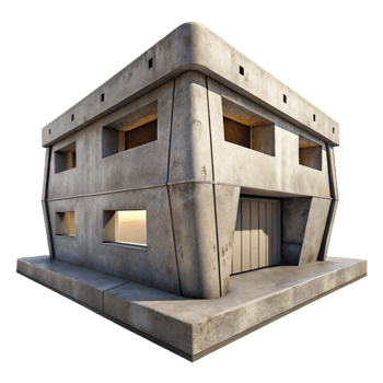 stunning rustic Brutalist concrete bunker, exposed concrete textures, minimal windows, harsh midday sun, gritty and raw style original png