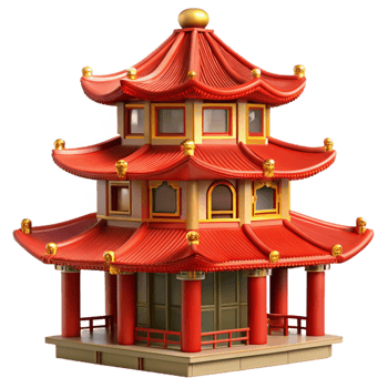 magnificent contemporary Traditional Chinese pagoda, tiered roof, red and gold details, intricate carvings, oriental style original png