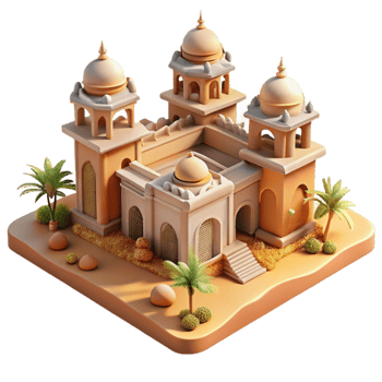 beautiful classic Desert oasis city, sandstone architecture, intricate carvings, midday sun lighting, middle eastern style high quality png