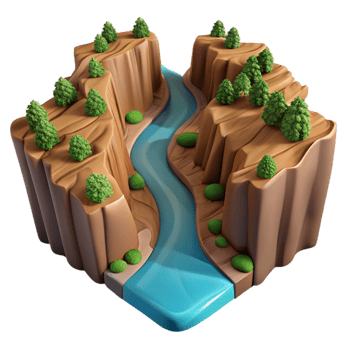 dramatic creative A flowing river, cutting through a canyon, aerial view, landscape photography style exclusive png