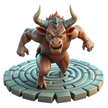 extraordinary vintage A ferocious minotaur charging through a labyrinth, dramatic lighting, dynamic pose, fantasy art high resolution png