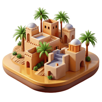 beautiful rustic Desert oasis city, adobe buildings, palm trees, midday sun, warm colors, realistic render 4K png