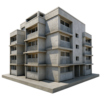 extraordinary classic Brutalism-style concrete apartment complex, overcast lighting, stark shadows, photorealistic rendering, worm's-eye view genuine png