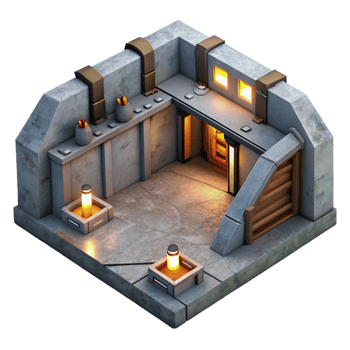serene creative Underground bunker, concrete walls, artificial lighting, claustrophobic atmosphere, dystopian style detailed png