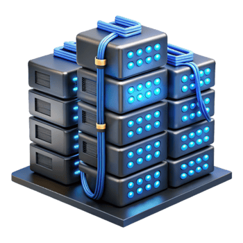 wonderful classic A server farm with rows of blinking servers and tangled cables, bathed in the cool, blue light of LEDs. Industrial, cyberpunk style original png