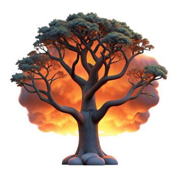 serene abstract A gnarled oak tree silhouetted against a fiery sunset, dramatic and evocative, painterly style premium png