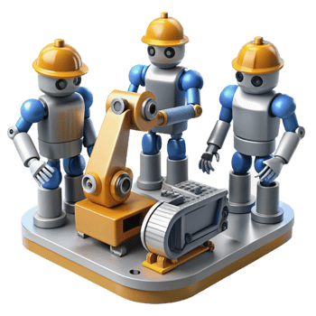 stunning artistic A group of robots collaborating on a complex engineering project, industrial setting, realistic lighting original png