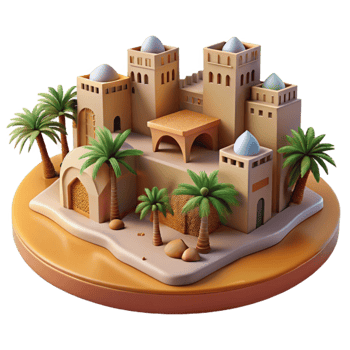 wonderful vintage Desert oasis city, adobe buildings, palm trees, intense sunlight, Middle Eastern architecture, photorealistic, high quality png