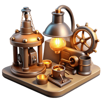 wonderful vintage A collection of steampunk tools laid out on a workbench, bathed in the warm glow of a workshop lamp. Realistic, detailed lighting. Steampunk concept art detailed png