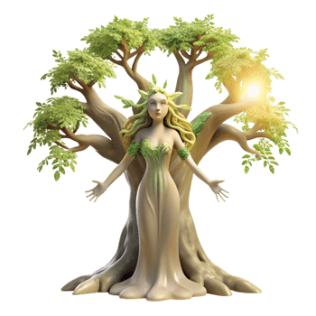 dramatic classic An ethereal dryad emerges from an ancient oak tree, dappled sunlight filtering through the leaves. Art Nouveau style detailed png