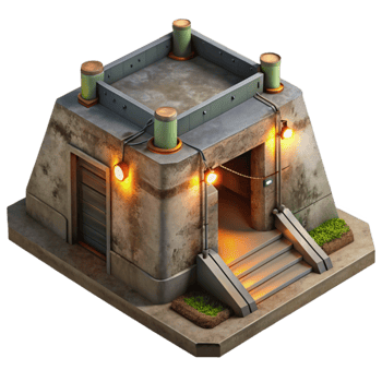 elegant creative Underground bunker, concrete walls, dim artificial light, dystopian style, photorealistic, authentic png
