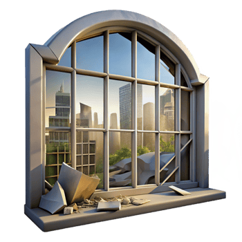 magnificent contemporary A broken window in an abandoned building, reflecting a distorted view of the cityscape. Urban decay style, natural lighting detailed png