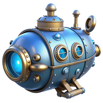 impressive rustic A complex steampunk submarine, with portholes and intricate gears, underwater, blue-tinted lighting professional png