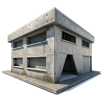beautiful artistic Brutalist concrete bunker, exposed concrete textures, minimal windows, harsh midday sun, gritty and raw style high quality png
