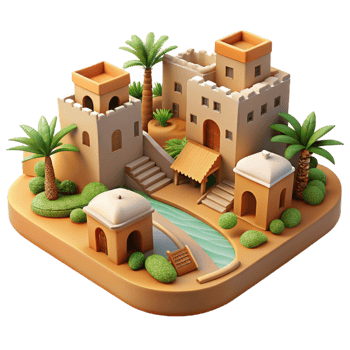 elegant minimalist Desert oasis village, mud-brick buildings, palm trees, vibrant textiles, warm sunlight, Middle Eastern architecture authentic png
