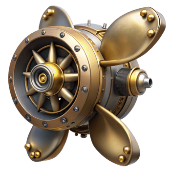 vibrant minimalist A powerful steampunk airship propeller, massive brass blades, intricate gears and mechanisms, dynamic, high-contrast lighting professional png
