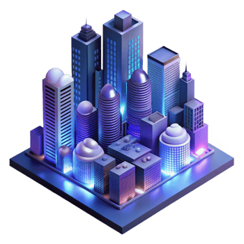 serene artistic A futuristic cityscape at night, towering skyscrapers piercing the clouds, neon signs illuminating the rain-slicked streets below, cyberpunk style, isometric view original png