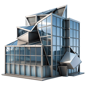 serene modern Deconstructivist office building, fragmented shapes, angular planes, steel and glass construction, cityscape background detailed png