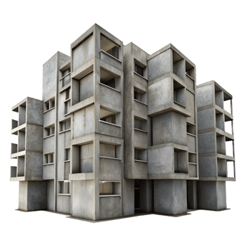 beautiful classic Brutalist concrete apartment complex, repetitive modular units, exposed concrete textures, overcast sky, gritty urban photography style 4K png