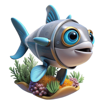extraordinary modern A robot fish swimming in a coral reef, lit by underwater sunlight in an ocean documentary style 4K png