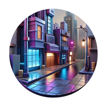 stunning contemporary Cyberpunk city street, neon signs in kanji, rainy night, reflections in puddles, gritty and detailed textures exclusive png