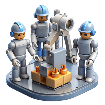 magnificent modern A group of robots collaborating on a complex engineering project, industrial setting, realistic lighting original png