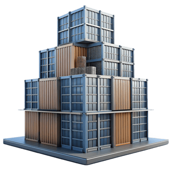 impressive classic Conceptual skyscraper made of interconnected shipping containers, industrial aesthetic, urban setting, overcast daylight genuine png