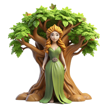 magnificent vintage A serene dryad emerging from an ancient oak tree, dappled sunlight filtering through the leaves, in a Pre-Raphaelite style professional png