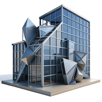serene artistic Deconstructivist office building, fragmented shapes, angular planes, steel and glass construction, cityscape background premium png
