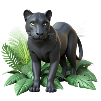 impressive minimalist A sleek black panther prowling through dense jungle foliage, dappled sunlight and shadow, realistic and intense high resolution png